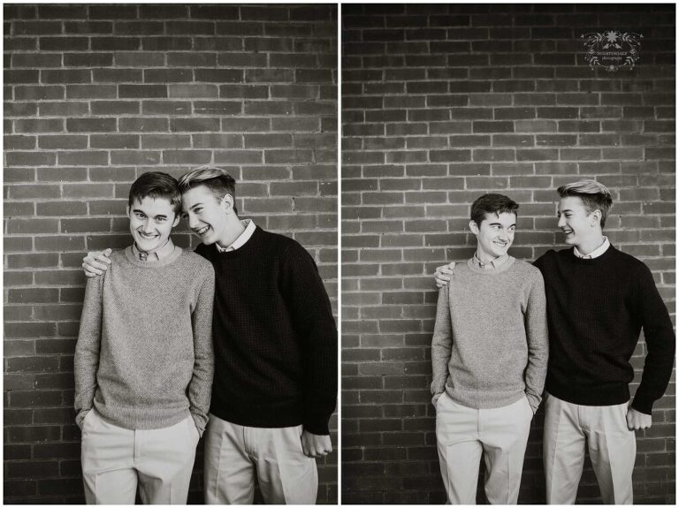 brothers smile for portraits in black and white photos
