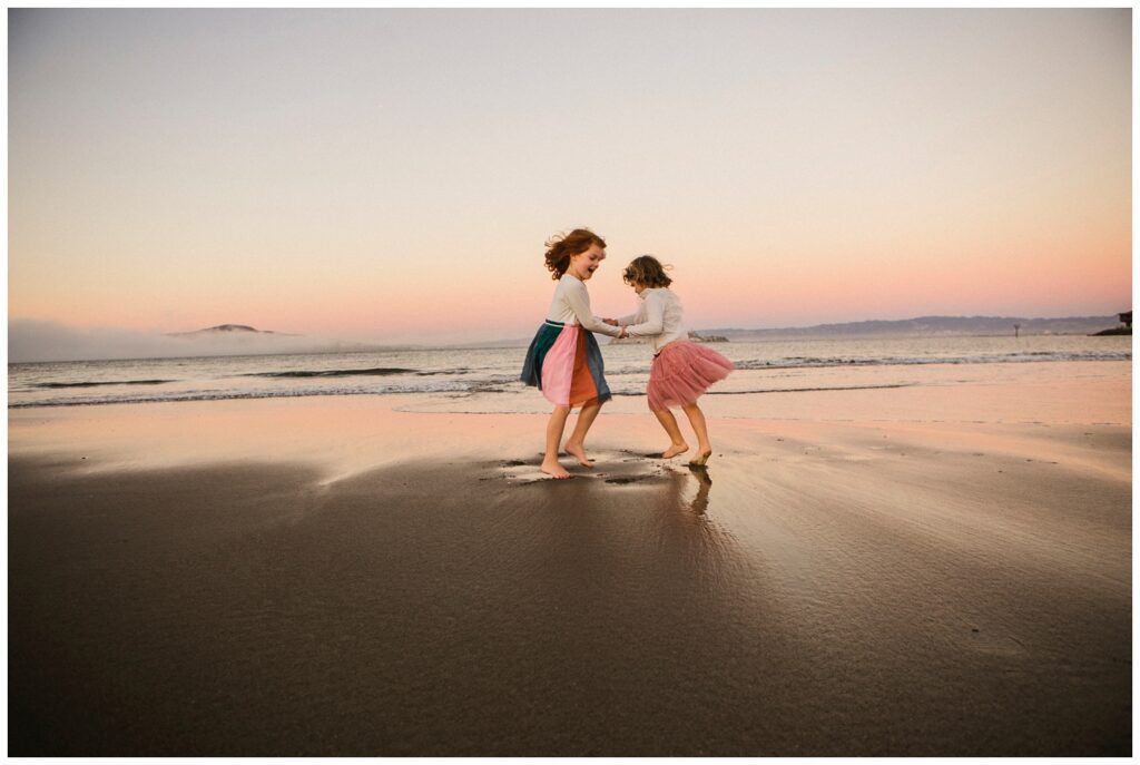 baker beach sunset with sisters dancing
