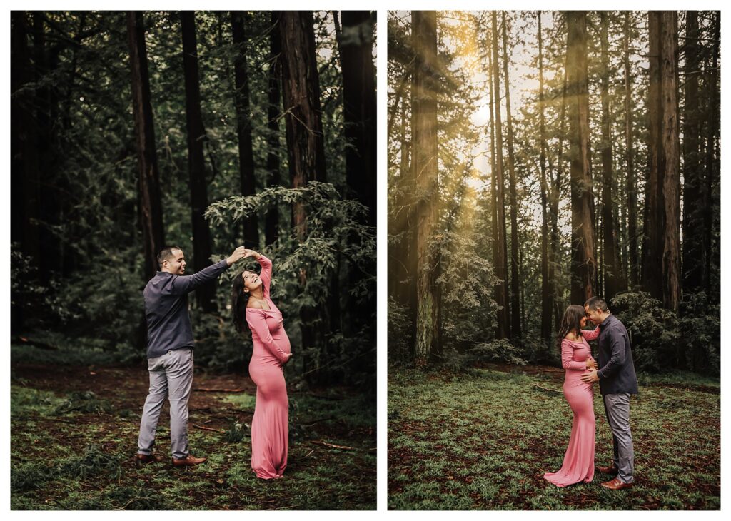 pregnant woman stands in redwoods in oakland for maternity pictures