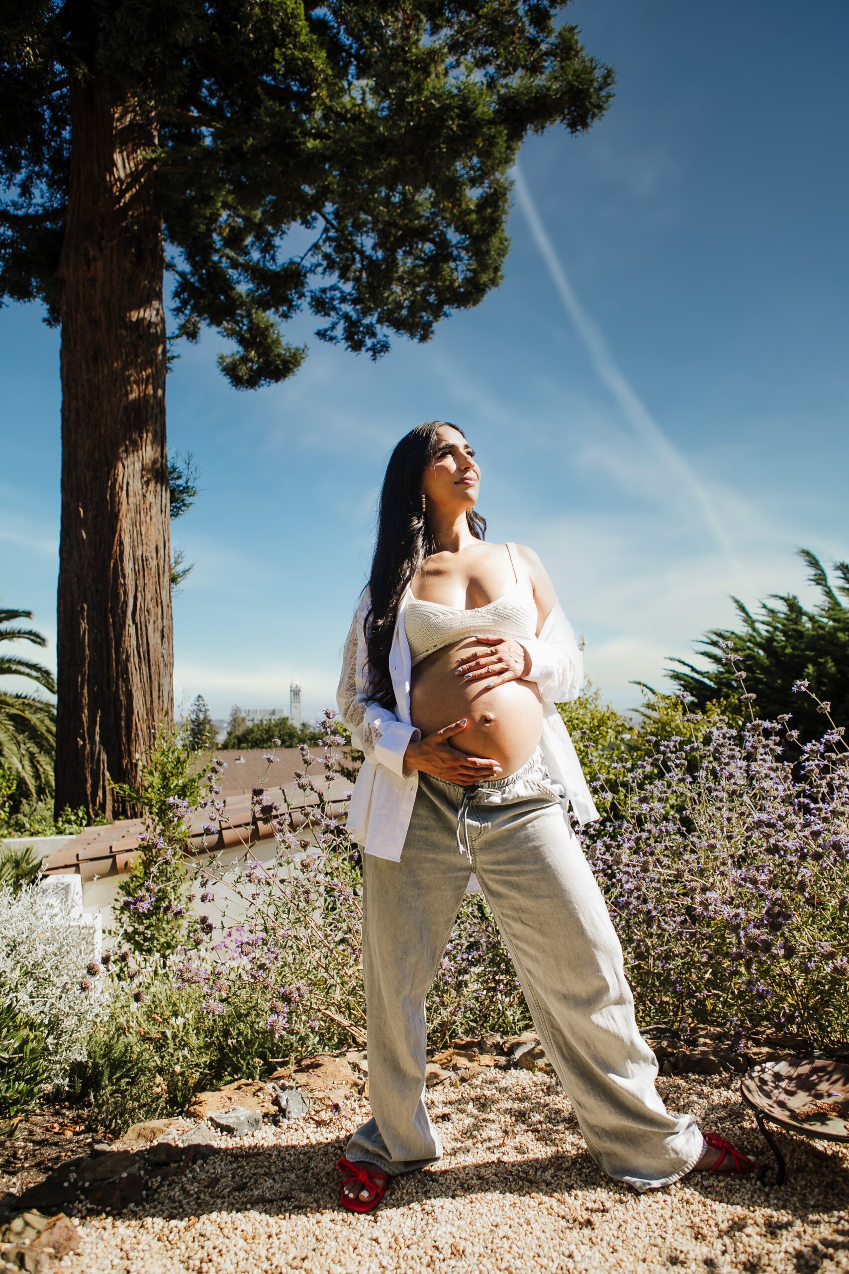 Maternity portrait by a St. Louis maternity photographer, expecting mother in jeans and an open white shirt in a hillside garden with a tall tree and blue sky