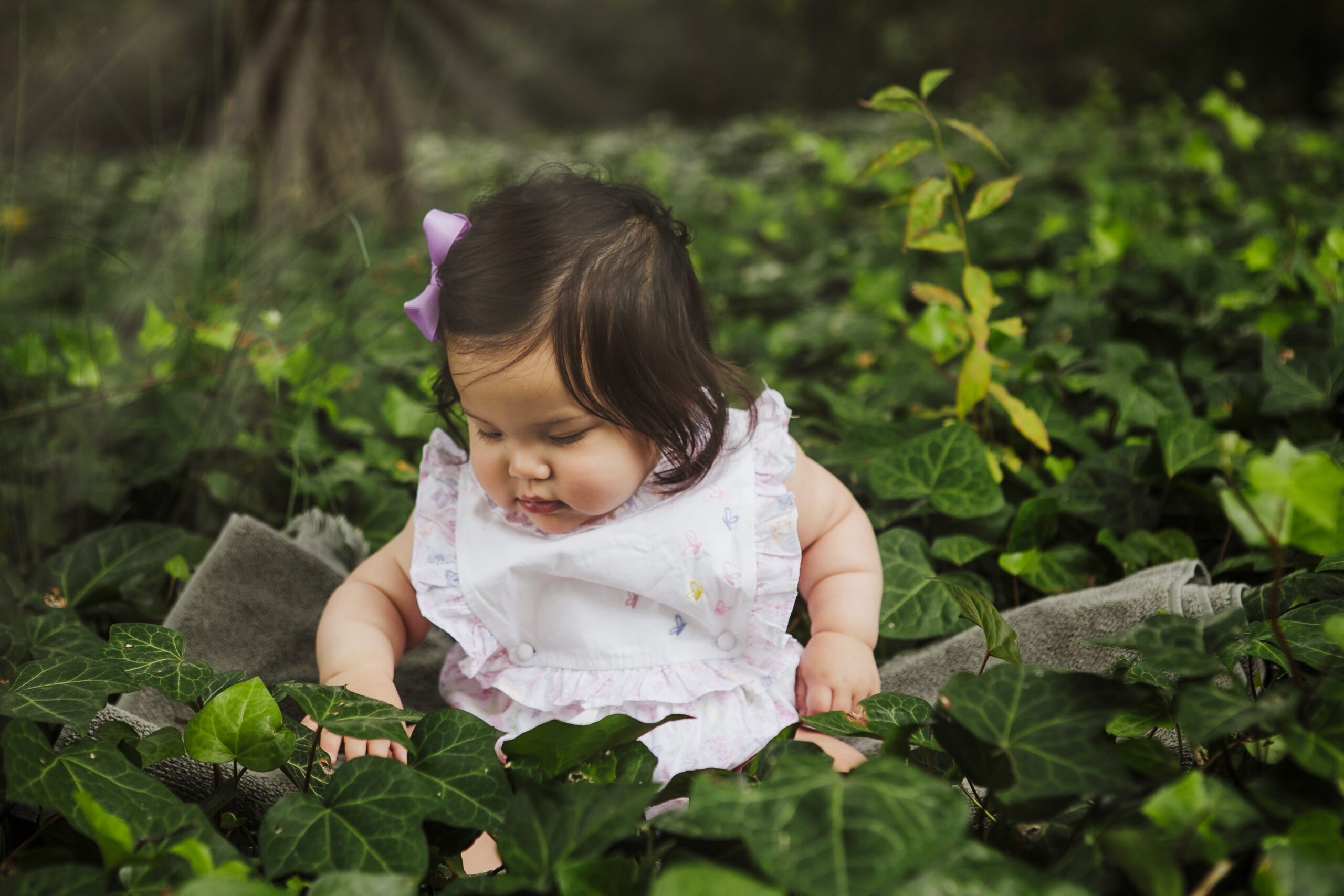 Baby girl with a purple bow in a white ruffled outfit sitting among green ivy, looking down at the leaves
