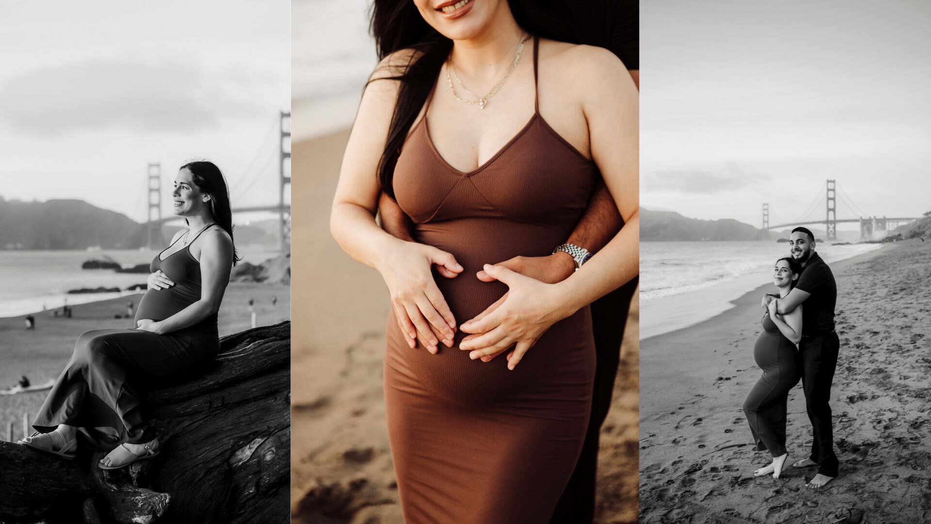 Maternity portrait collage of a pregnant woman in a brown dress on a beach at sunset, cradling her belly, with a bridge and hills across the water in the background