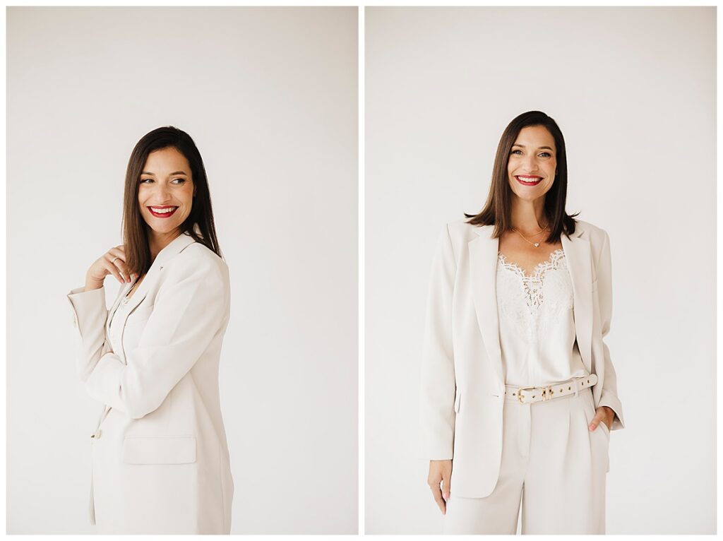 woman realtor in walnut creek wears a white suit in a bare studio for professional headshots