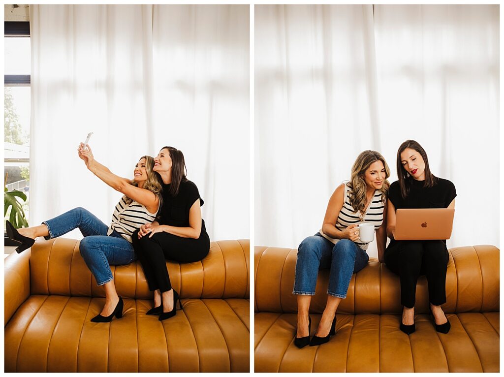 two women realtors look at laptop for professional portraits